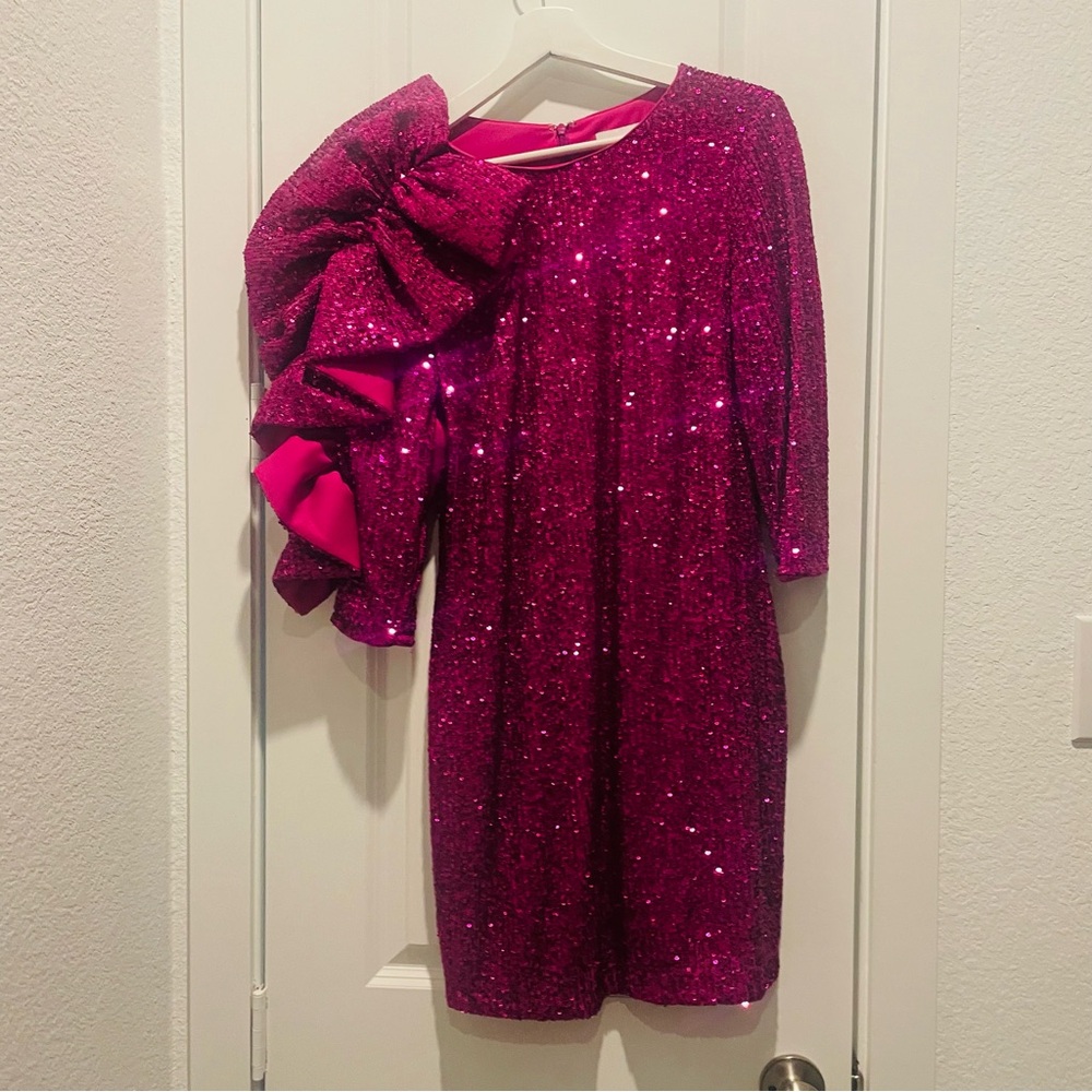 Vibrant Fuchsia Asymmetrical Sequin Dress. Used in Excellent Condition.